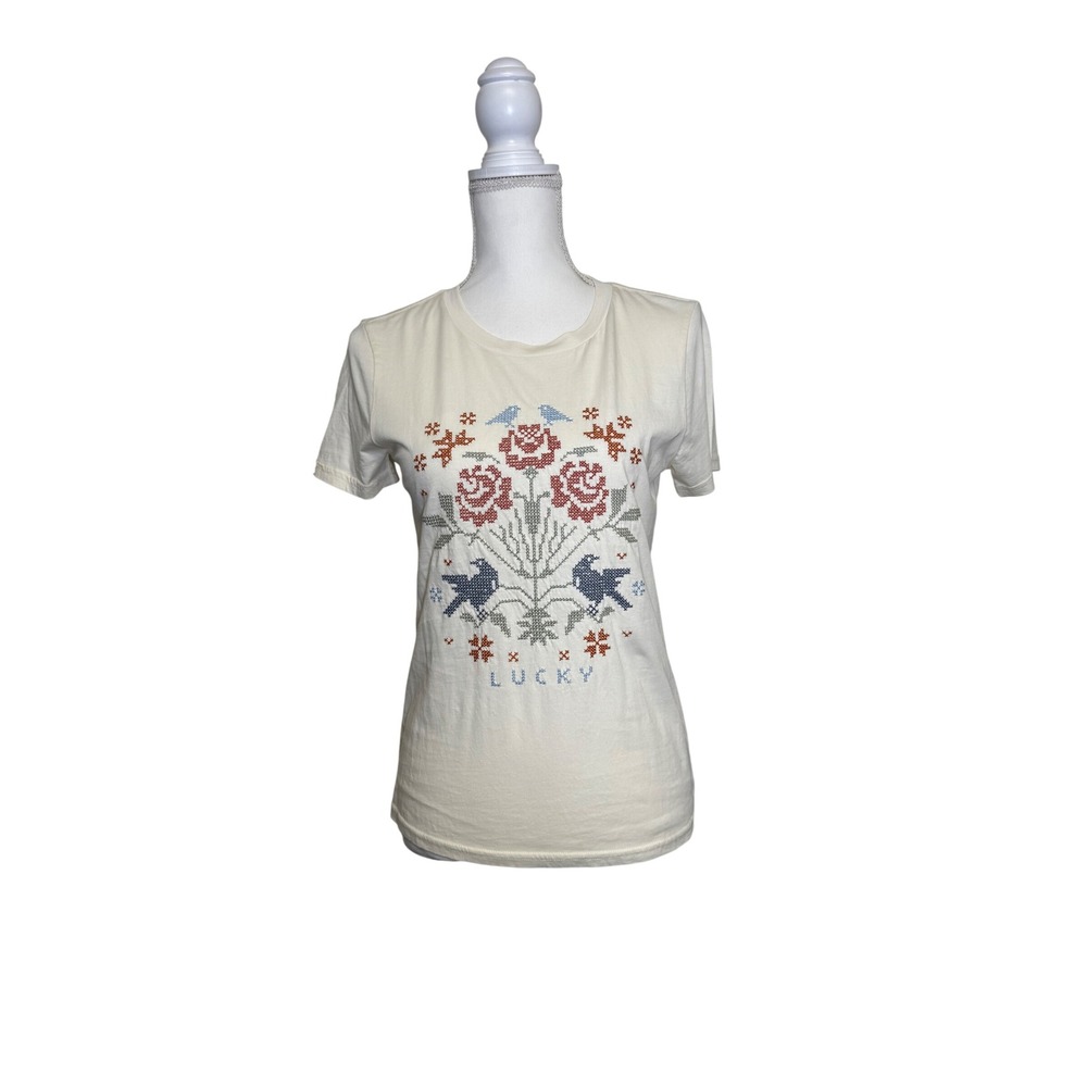 Lucky Brand Women's 100% Cotton Cream Floral Embroidered Lucky Shirt Size XS